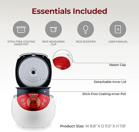 CUCKOO Micom Rice Cooker 6 Cup Uncooked / 12 Cup Cooked, Korean Fuzzy Logic Rice Cooker Small with Delay Timer & Keep Warm Setting, Versatile Food Steamer with Non-Stick Inner Pot, Red (CR-0351F)