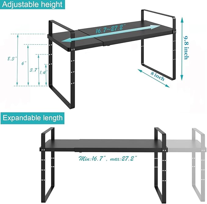 Redrubbit Expandable Cabinet Shelf Organizers, Stackable Kitchen Counter Shelves Spice Rack for Kitchen Bathroom Pantry Cupboard Desk Home Office, Metal Plate Heavy Duty Nonslip Black, Set of 2