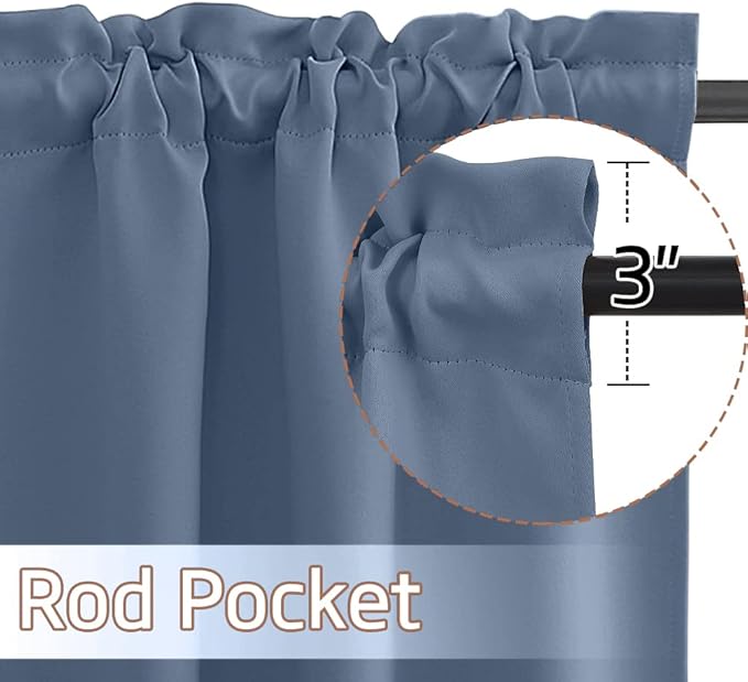 NICETOWN Stone Blue Short Valances for Kitchen, Thermal Insulated Farmhouse Window Cover Adjustable Rod Pocket 18 inches Long + 1.6 inch Header Small Valances for Office/Cafe, 2 Panels, 42" Wide