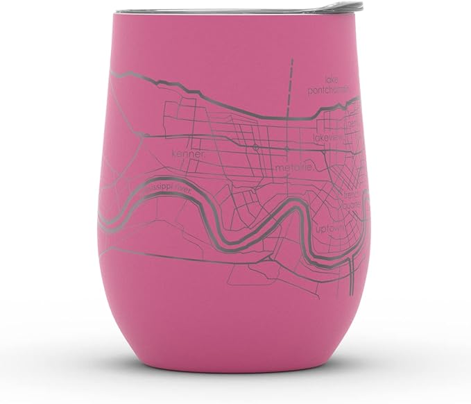 Well Told Engraved New Orleans LA Map Insulated Wine Tumbler, Etched Stainless Steel Cup (12 oz, Sunset Pink) City Map Insulated Tumbler, Custom Insulated Tumbler, Outdoor Drinkware