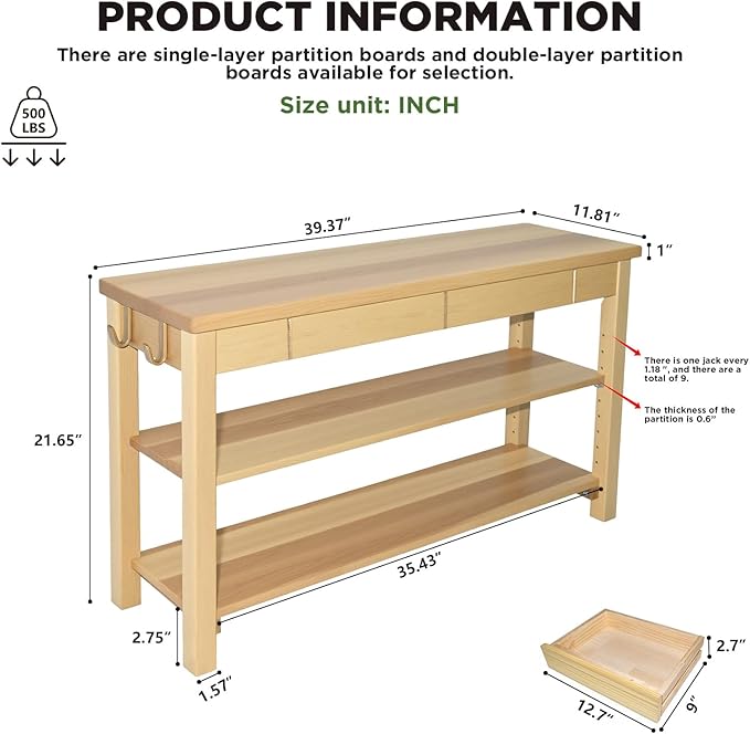 Shoe Storage Bench Wood Entryway: Shoe Rack Bench with Drawer 3-Tiers Height Adjustable,Rustic Wooden Organizer for Front Door Entrance Hallway Living Room,Mudrooms (Natural 2-Tiers, 39.3")
