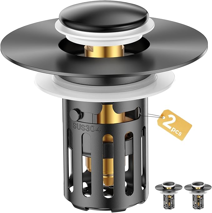 (2 Pc) Bathroom Sink Stopper-All Metal Sink Stopper-Universal Fit 99% Bathroom Stopper with Removable Stainless Steel Hair Catcher- Basin (1.1'' to 2.36'' inch) - Black