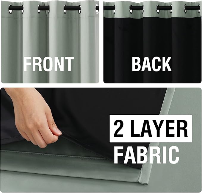 H.VERSAILTEX 100% Blackout Curtain Panels 45 Inches Long Thermal Insulated Blackout Lined Curtains for Bedroom Two Layers Full Light Blocking Drapes for Living Room, 2 Panels, Sage