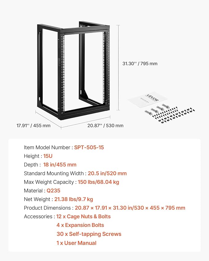 VEVOR 15U Open Frame Server Rack, Free Standing or Wall Mount Rack with 180 Degrees Gate Swing, Network Rack for 19" IT Equipment & A/V Devices
