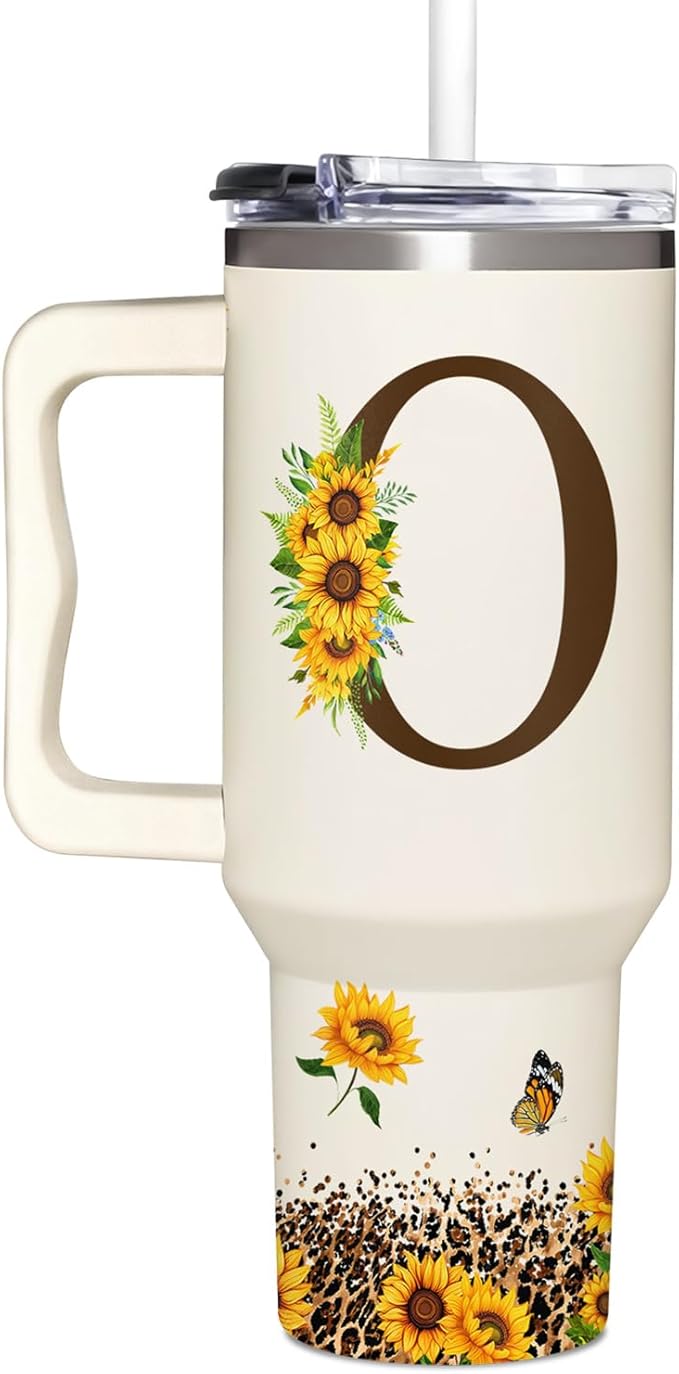 Personalized Birthday Gifts For Women - Sunflowers Monogrammed Cup For Boss Day, Christmas - Customized Gifts For Women, Mom, Wife, Coworkers, Boss Lady, Her - Custom Tumbler With Handle 40oz