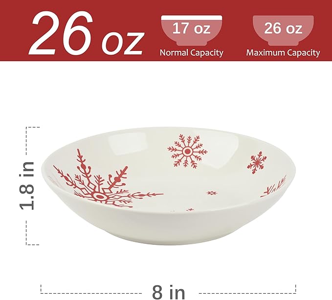 Ollieroo 4 Pieces Ceramic Christmas Pasta Bowls Set, 8 Inch 26oz White Red Snowflake Xmas Holiday Porcelain Wide and Shallow Salad Serving Bowls Plates, Microwave and Dishwasher Safe