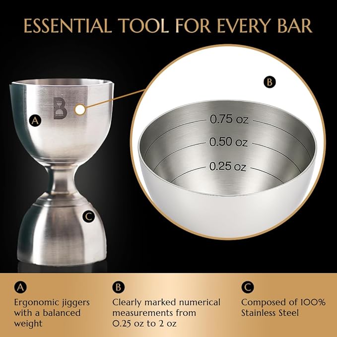 Double Bell Jigger by Bull In China - Classic Stainless Steel with 0.25oz to 2oz Measures for Cocktails, Bars & Bartenders