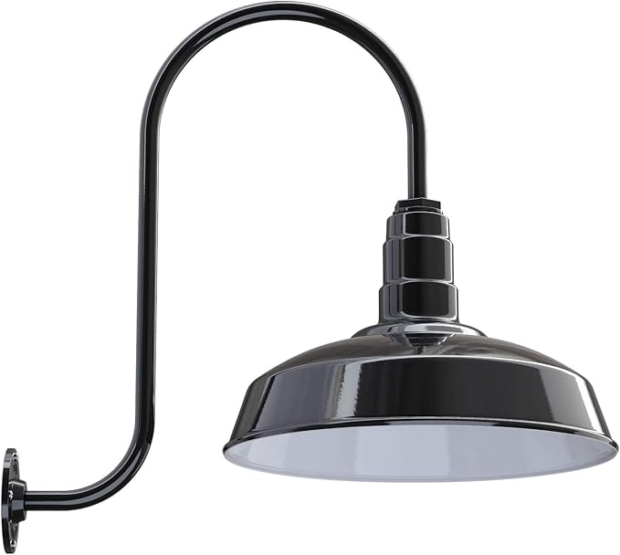 Steel Lighting Co. | Dusk to Dawn | Gardena Barn Light | Outdoor Wall Mounted | 16" Dome | Upslope Gooseneck | Farmhouse Light Made in America | Black Exterior/White Interior
