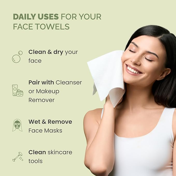 PLANTIFIQUE Disposable Face Towels XL 10"x12" - 100% Biodegradable Viscose Facial Towelettes for Women Skin Care - Face Cleaning Towel 15 Count