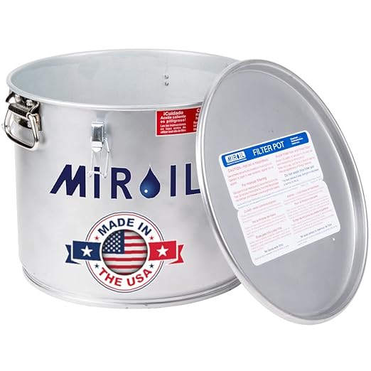 MirOil 5 Gallon Oil Grease Bucket & Filter Pot – Silver Fryer Container with Lid Lock & Lock Clip - Low Profile Hot Grease Collection Pot for Disposal Under Drain Valves – Model #40L