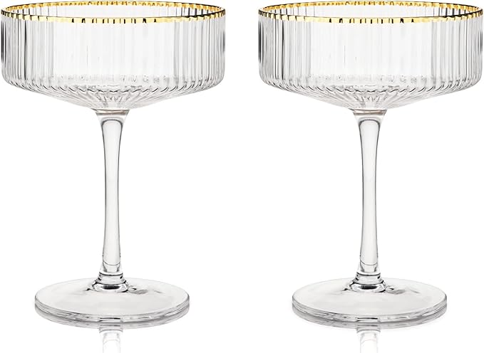 Viski Meridian Vintage Coupe Glasses, Art Deco Champagne Coupe Glassware, Gold Rimmed Stemmed Drinkware Set of 2, 11.5 oz