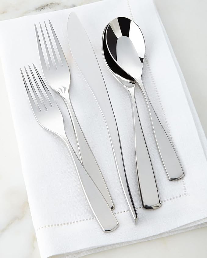 Nambé Anna Flatware Set by Lou Henry – 45-Piece, Stainless Steel Silverware for 8 with Serving Tools – Contemporary Tapered Handles & Flower Cutout Design, Easy to Maintain & Built for Everyday Use
