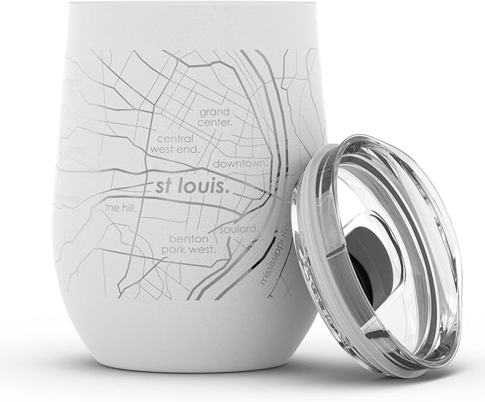 Well Told Engraved St. Louis Missouri Map Insulated Wine Tumbler, Etched Stainless Steel Wine Tumbler (12 oz, White) City Map Insulated Tumbler, Custom Insulated Tumbler, Outdoor Drinkware