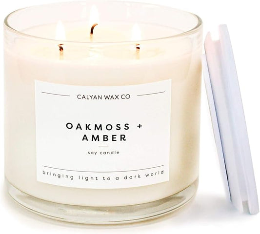 Calyan Wax Co. Oakmoss & Amber 3 Wick Scented Candle - 43 Hour Burn - Luxury 3 Wick Soy Candles - Non Toxic Soy Wax Candles - Long Lasting Large Glass Jar Candle for Home - 14.9oz