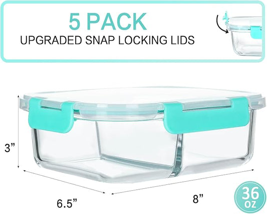 [5-Pack,36 Oz]Glass Meal Prep Containers 2 Compartments Portion Control with Upgraded Snap Locking Lids Glass Food Storage Containers, Microwave, Oven, Freezer and Dishwasher (4.5 Cups, Green)