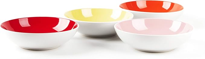 Stoneware Coupe Shape Dinnerware Set, Outside White + Inside (12pc Set, Very Rose)