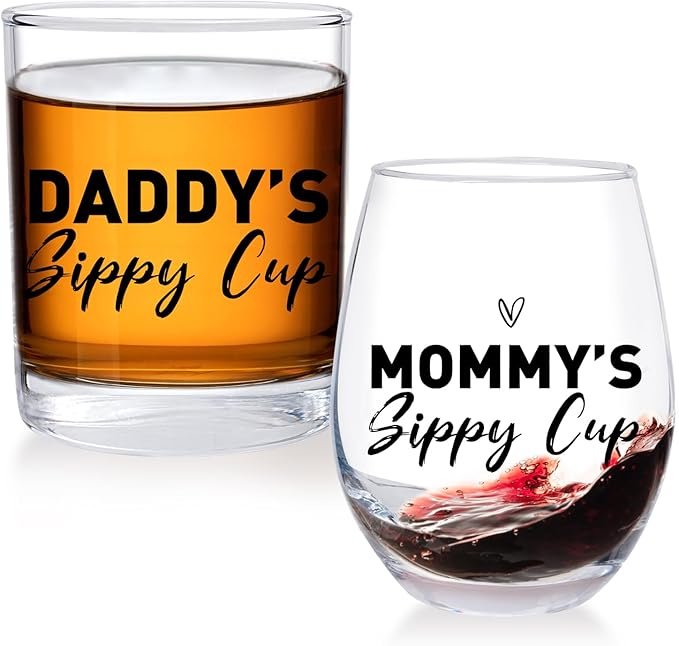 Mommy Daddy's Sippy Glass Cup for New Mom, Dad, Funny unique Gifts for Parents, Stemless Wine Glass and Whiskey Glass Gifts for Couples,Parents,Women,Men,Mom,Dad