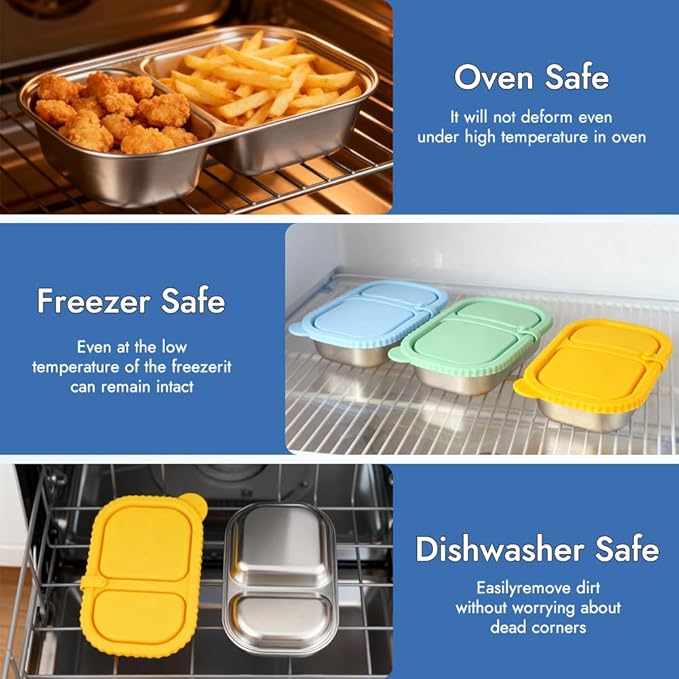 YQL 3 Pack Stainless Steel Food Containers with Colorful Silicone Lids – 2-Compartment Leakproof Lunch Snack Boxes for Meal Prep, Office, Travel, Camping – Reusable Bento Storage Set
