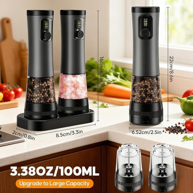 TorqueHome Electric Salt and Pepper Grinder Set - Ceramic Grinder Automatic Pepper Mills with Storage Base - Pepper Mill with 5 Level Adjustable Coarseness for Modern Kitchen