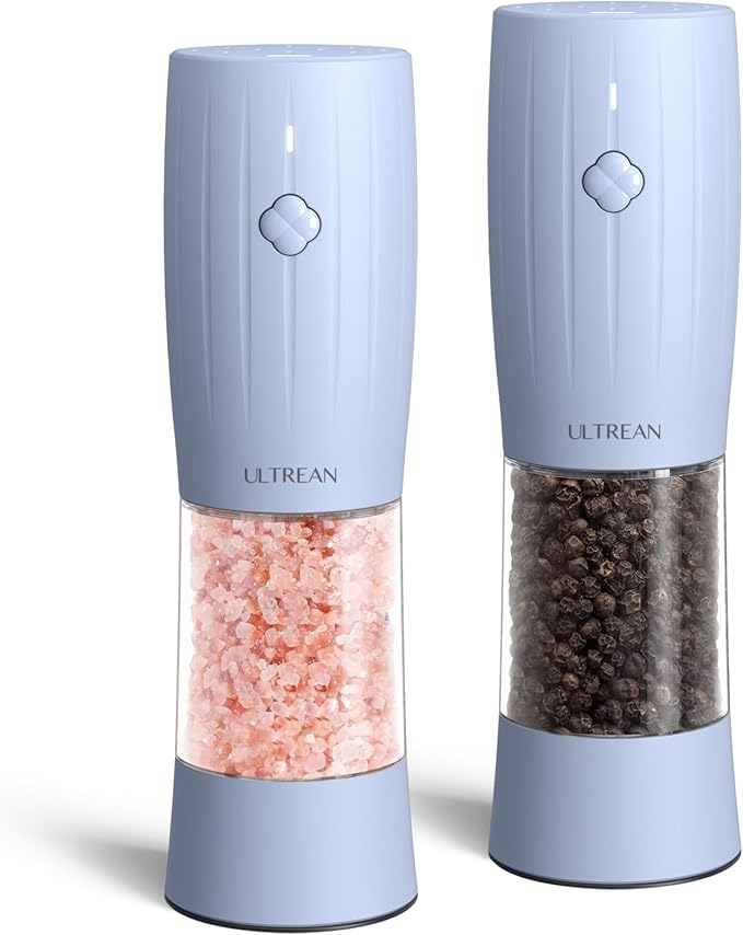 Ultrean Pepper Grinder, Rechargeable Salt and Pepper Shakers, Automatic Grinder for Kitchen,6 Adjustable Coarseness, LED Light, Christmas Gifts, Sky Blue