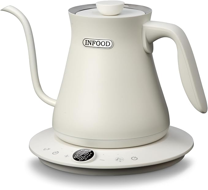 INFOOD 0.8L Gooseneck Electric Kettle, Precise Temperature Control for Pour Over Coffee & Tea, 1200W Fast Boiling Water, Auto Shut Off, Scheduling, Stainless Steel, White