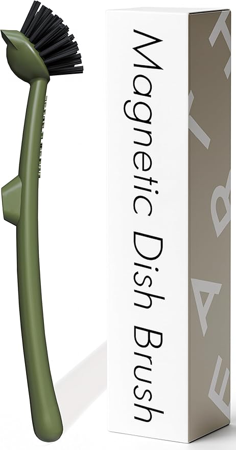 Earth & Mango Magnetic Dish Brush – Dish Scrubber with Built-in Scraper – Snaps to Sink, Dries Fast, Declutters Your Counter (Moss Green)