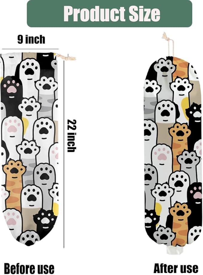 Cat Paws Grocery Bag Holder, Wall Mount Plastic Bag Holders for Grocery Bags, Reusable Washable Grocery Bags Storage Dispenser for Home Kitchen Pantry Decor, Cute Cat Paws Gifts for Women Mom