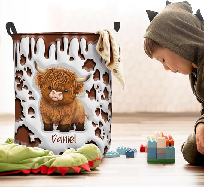callie Personalized Highland Cow Laundry Basket for Kids, Waterproof Collapsible Laundry Hamper, Clothes Toys Storage Bin for Bedroom Nursery (13.8" x 16.5", 15.7" x 19.6")
