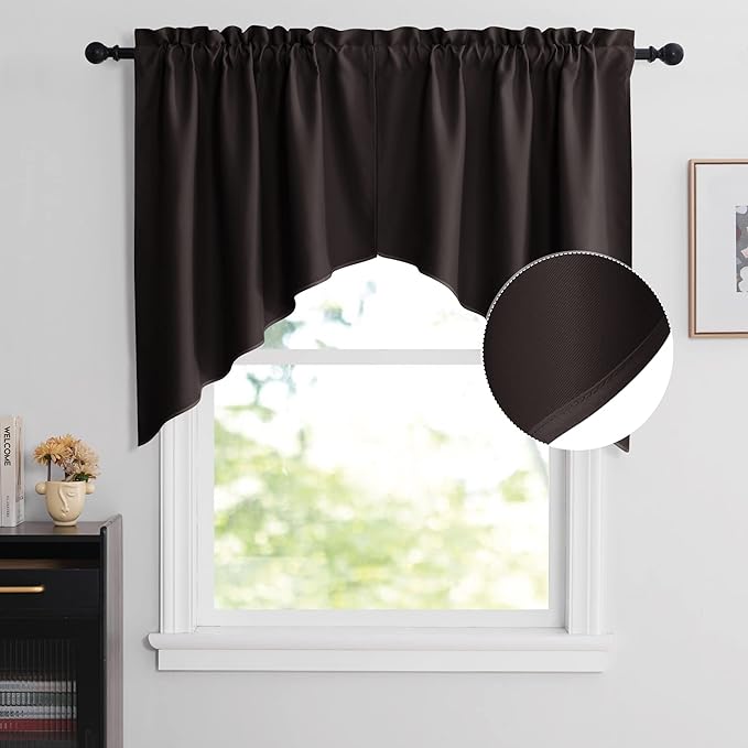 NICETOWN Home Fashion Pole Pocket Kitchen Tier Curtains- Solid Tailored Scalloped Valance/Swags for Cafe/Bar Window/Thanksgiving (2 Panels, 36 X 36 Each Panel, Brown)