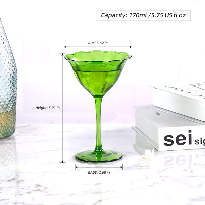 KAMMAK Martini Glasses Set of 2, 5.75 oz Clear Crystal Cocktail Glasses with Stem, Reusable Cocktail Glassware for Wedding Birthday Party, Bar, Margarita, Whiskey, Gin, Tequila, Green Martini