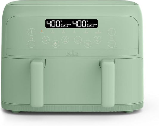 bella 4 Qt TriZone Air Fryer, EverGood™ Ceramic Nonstick Coating, Dual Basket Design w Removable Divider, Digital Touchscreen Control w 6 Preset Cooking Options, 1200 Watt, 3lb Capacity, Seaglass