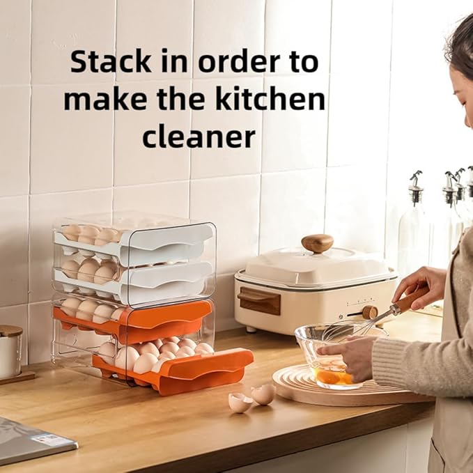 Egg Drawer for Refrigerator 32 Eggs, 2 Tier Clear Stackable Egg Holder with Drawer for Fridge, Drawer Type Egg Storage Box, Egg Tray Countertop (White)