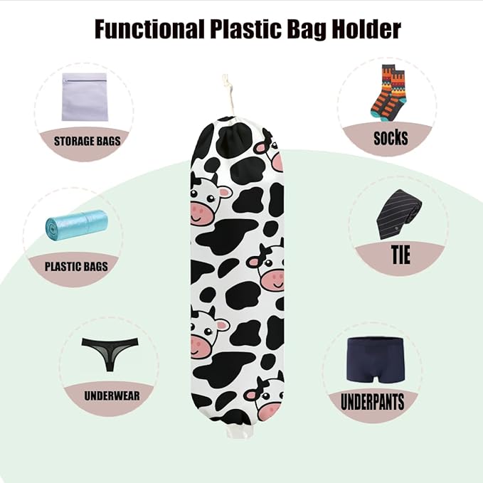 Cow Plastic Bag Holder 22.5x9 Inch, Wall Mount Plastic Bag Holders for Grocery Bags, Cows Washable Grocery Bags Storage Dispenser for Home Kitchen Pantry Decor, Cute Cow Gifts for Women Mom