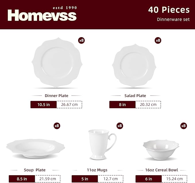 HomeVss, New Bone China Dinnerware Set, Embossed Lotus Design, 40pc Set