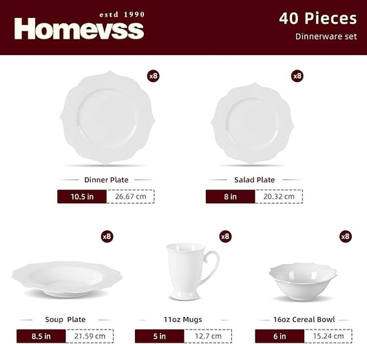 HomeVss, New Bone China Dinnerware Set, Embossed Lotus Design, 40pc Set
