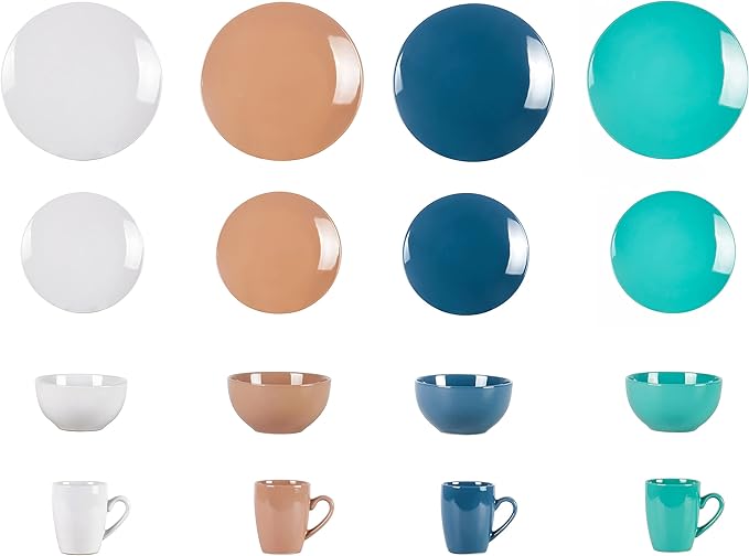 Color Wave Stoneware 16pc Dinnerware Set, Earth Paint Mixed Colors of White, Beige, Turquoise and Dark Blue