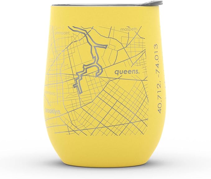 Well Told Engraved New York City Map Insulated Wine Tumbler, Etched Stainless Steel Cup (12 oz, Sunrise Yellow) City Map Insulated Tumbler, Custom Insulated Tumbler, Outdoor Drinkware