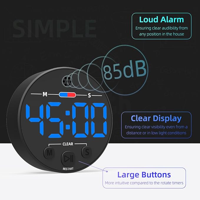 Large LED Digital Timer, Magnetic Countdown Loud Timer for Kitchen Cooking, Classroom Whiteboard, Kids, Toddler, Game, Productivity, Focus, Work, Task, Office, Meeting – Small, Simple, Visual, Blue