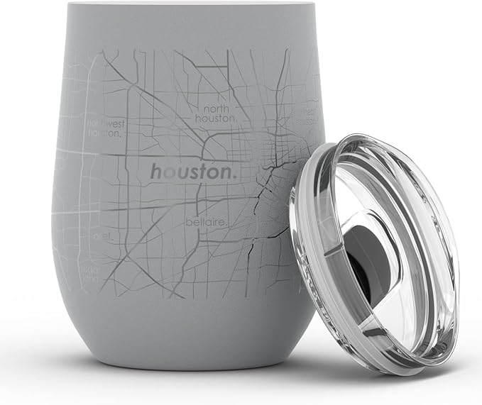 Well Told Engraved Houston Texas Map Insulated Wine Tumbler, Etched Stainless Steel Cup (12 oz, Dockside Gray) City Map Insulated Tumbler, Custom Insulated Tumbler, Outdoor Drinkware