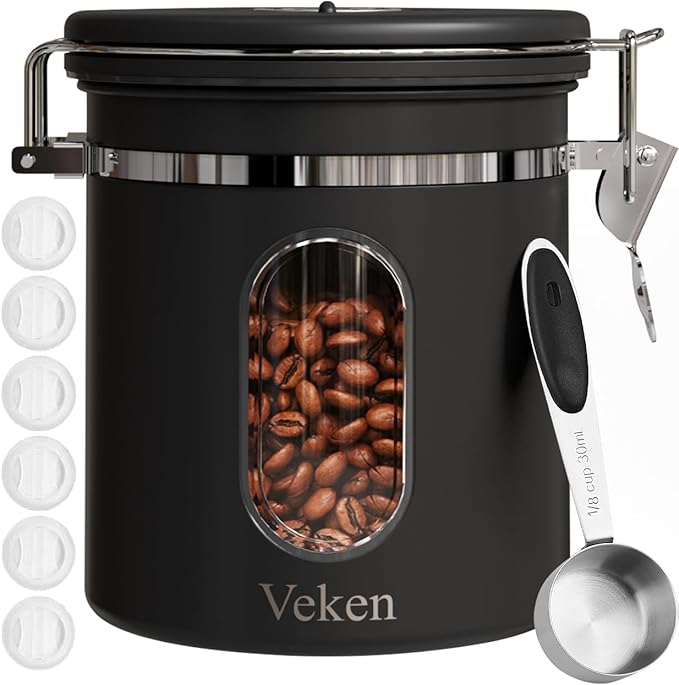 Veken Coffee Canister set with Window, Airtight Stainless Steel Kitchen Food Storage Container with Date Tracker and Scoop for Grounds Coffee, Beans, Tea, Flour, Cereal, Sugar, 22&16OZ,Black