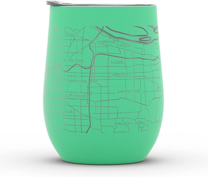 Well Told Engraved Portland Oregon Map Insulated Wine Tumbler, Etched Stainless Steel Cup (12 oz, Sunday Green) City Map Insulated Tumbler, Custom Insulated Tumbler, Outdoor Drinkware