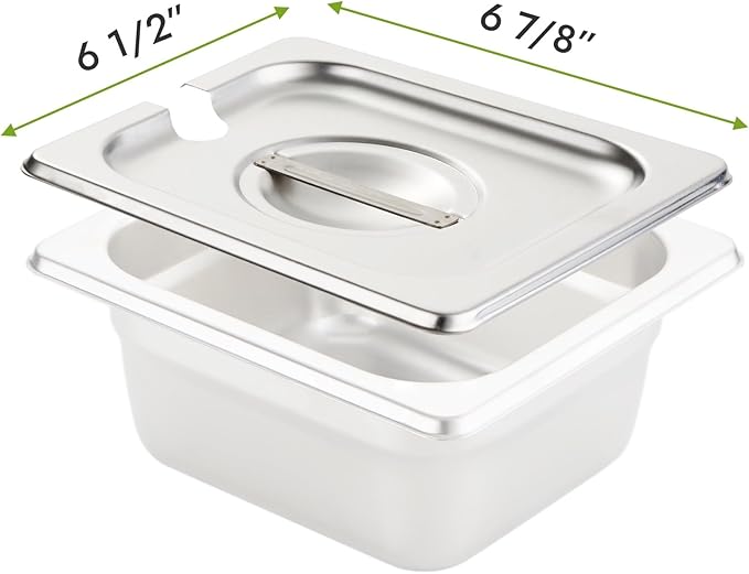 HECMAC 6-Pack 1/6 Size Notched Hotel Pan Cover, Heavy Duty, Stainless Steel Solid Steam Table Catering Food Pan Lid with Handle