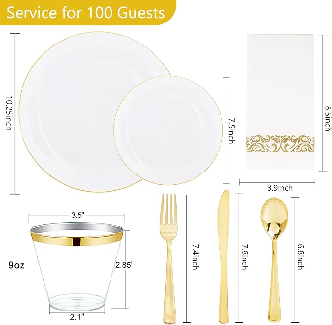 NOCCUR 350PCS Gold Disposable Dinnerware Set for 50 Guests - White and Gold Plastic Plates Include 50 Dinner/Dessert Plates, 150 Silverware and 50 Napkins/Cups Ideal for Party/Christmas