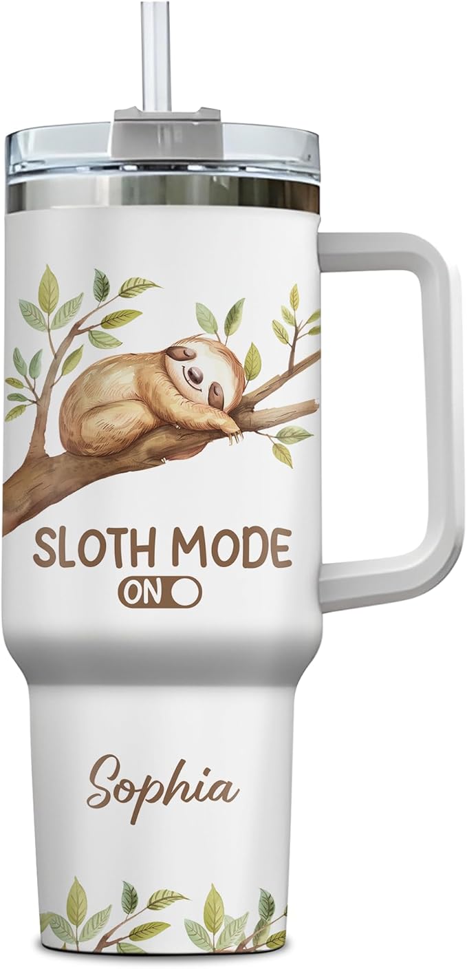 Personalized Sloth Tumbler 40oz with Handle & Straw - Lazy Themed & Funny Saying Tumbler - Cute Valentine Mother Father's Day Birthday Gifts - Custom Name Stainless Steel Travel Coffee Cup