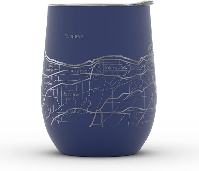 Well Told Engraved Cleveland Ohio Map Insulated Wine Tumbler, Etched Stainless Steel Cup (12 oz, Midnight Blue) City Map Insulated Tumbler, Custom Insulated Tumbler, Outdoor Drinkware