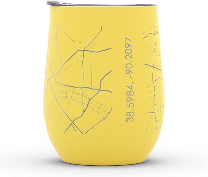Well Told Engraved St. Louis Missouri Map Insulated Wine Tumbler, Etched Stainless Steel Cup (12 oz, Sunrise Yellow) City Map Insulated Tumbler, Custom Insulated Tumbler, Outdoor Drinkware