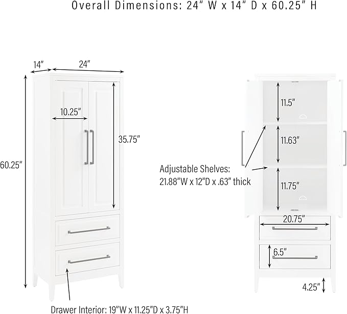 Crosley Furniture Genevieve Pantry Storage Cabinet with Shelves, Kitchen, Dining, or Laundry Room, White