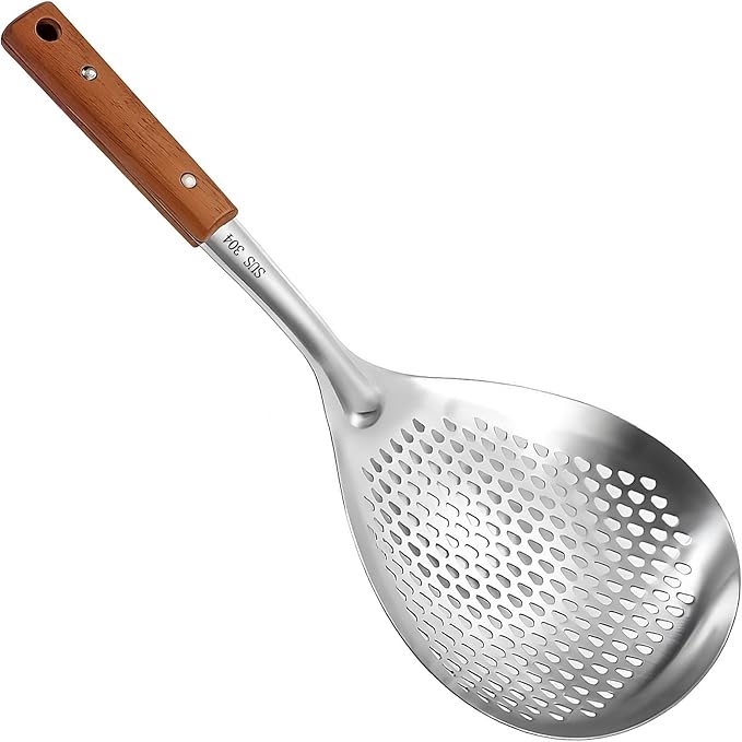 Stainless Steel Colander Strainer Pasta Food Noodle Grease Drain Fine Mesh Metal Kitchen Universal Clip on Spider Handle 5.8 Inch