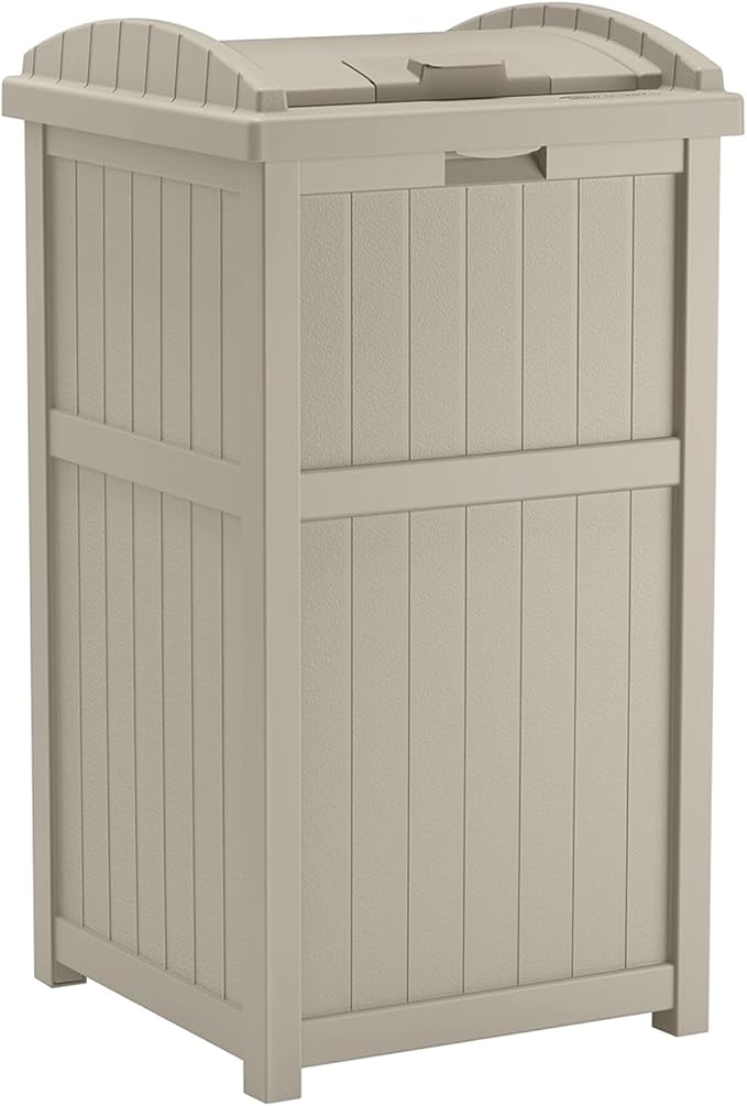 Suncast 33 Gallon Hideaway Trash Can for Patio - Resin Outdoor Trash with Lid - Use in Backyard, Deck, or Patio - Taupe
