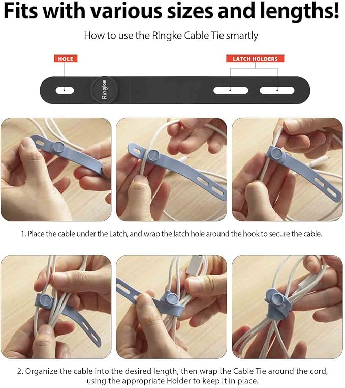 Ringke Silicone Cable Ties [Reusable Cable Management] Flexible Cord Organizer, Adjustable Length Long-lasting Durable Cable Clips - 15 Pack